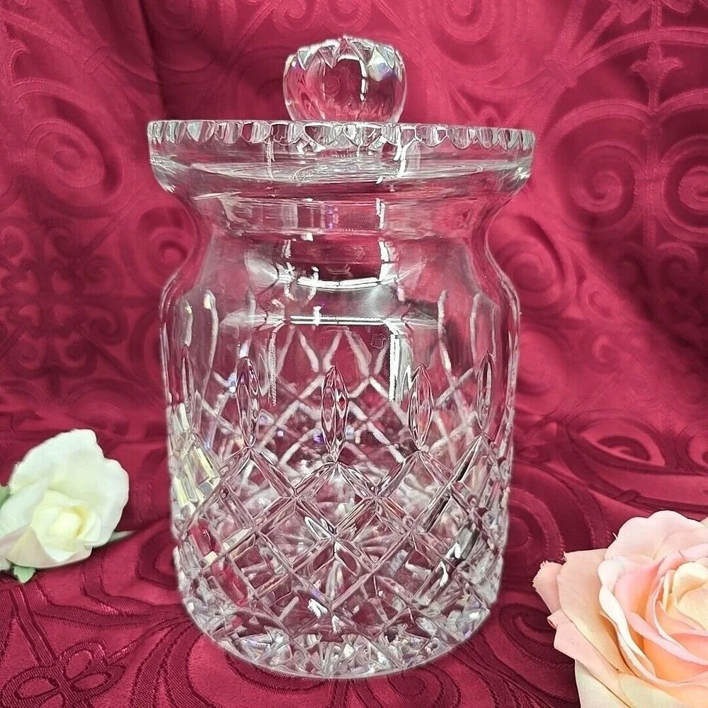 Vintage Lead Crystal Biscuit Barrel Apothecary‎ Jar Diamond Cut Glass with Lid
